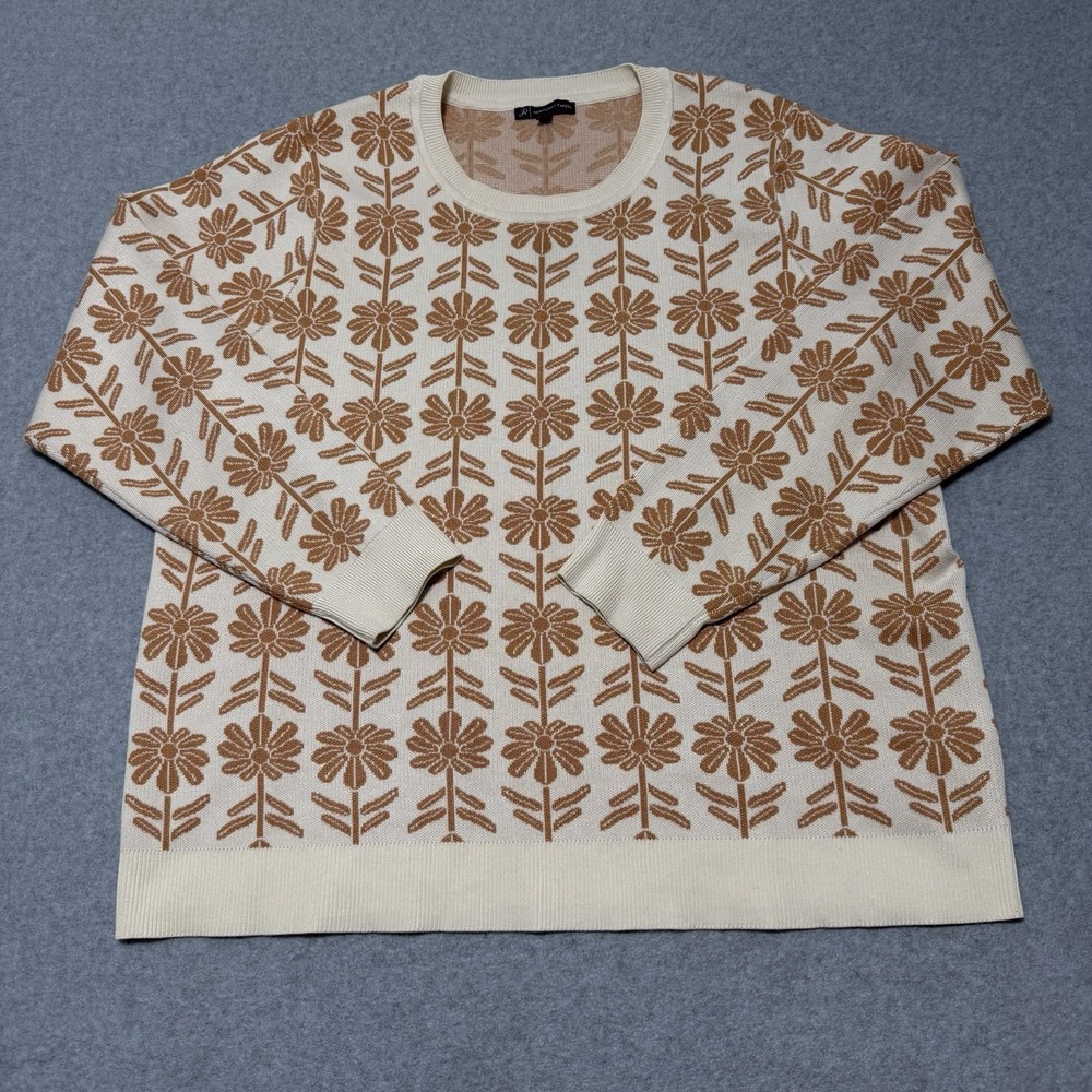 Adrianna Papell Floral Knit Pullover Sweater Cream Copper Cabincore 70s Retro 1X